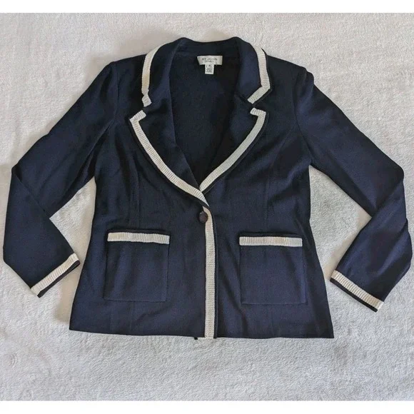 St. John Legacy Knit Blazer Navy & White Women's Sz10 Designer Classic Nautical - Picture 1 of 8